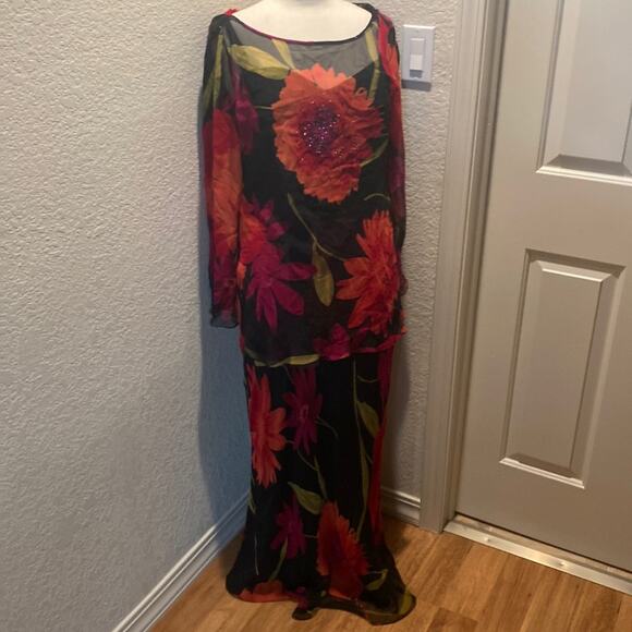 Vintage Cattiva Silk Floral Maxi Dress Sheer 2 Piece EUC Sz M Blk/Red Sleeveless - Picture 1 of 13